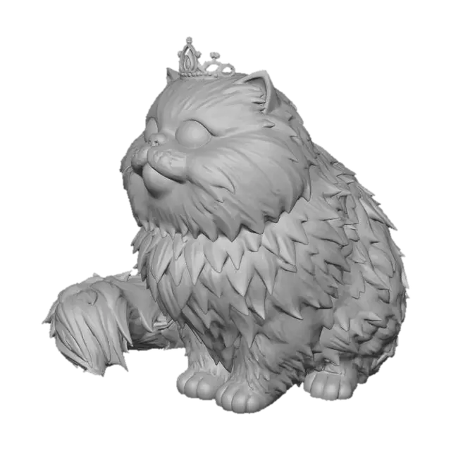 3D model for A 3D image of a  pixar-like calico persian show cat wearing a tiara, highly stylized, thick and bold details, solid colored background.