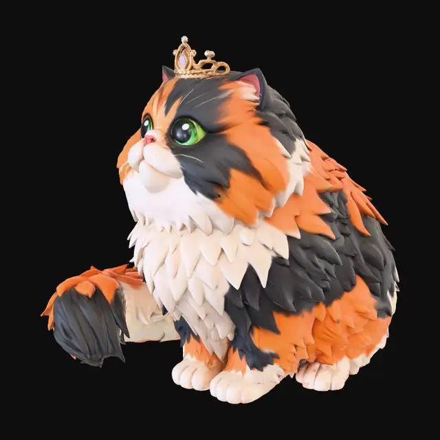 3D model for A 3D image of a  pixar-like calico persian show cat wearing a tiara, highly stylized, thick and bold details, solid colored background.