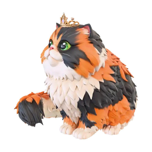 3D model for A 3D image of a  pixar-like calico persian show cat wearing a tiara, highly stylized, thick and bold details, solid colored background.