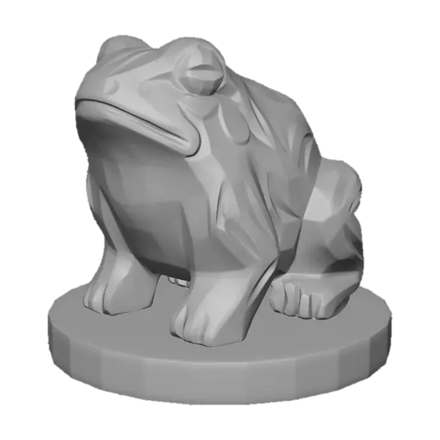 3D model for A 3D image of a simple wooden carved frog shape, chunky, roughly carved, standing on a round base. Thick and bold details. Deeply etched and embossed details. Solid colored background.