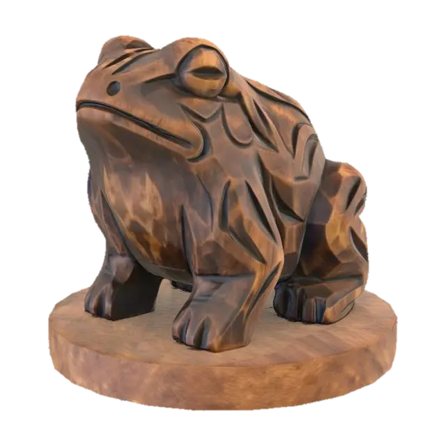 3D model for A 3D image of a simple wooden carved frog shape, chunky, roughly carved, standing on a round base. Thick and bold details. Deeply etched and embossed details. Solid colored background.