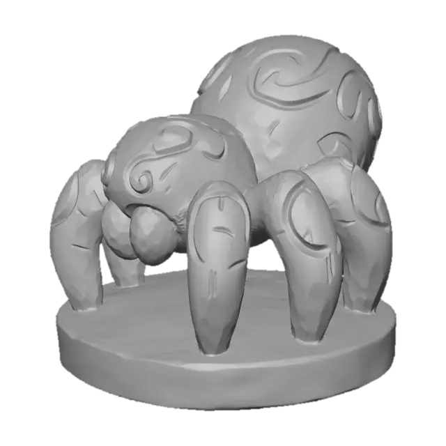 3D model for A 3D image of a simple wooden carved spider shape, chunky, roughly carved, standing on a round base.  Thick and bold details.  Deeply etched and embossed details. Solid colored background.