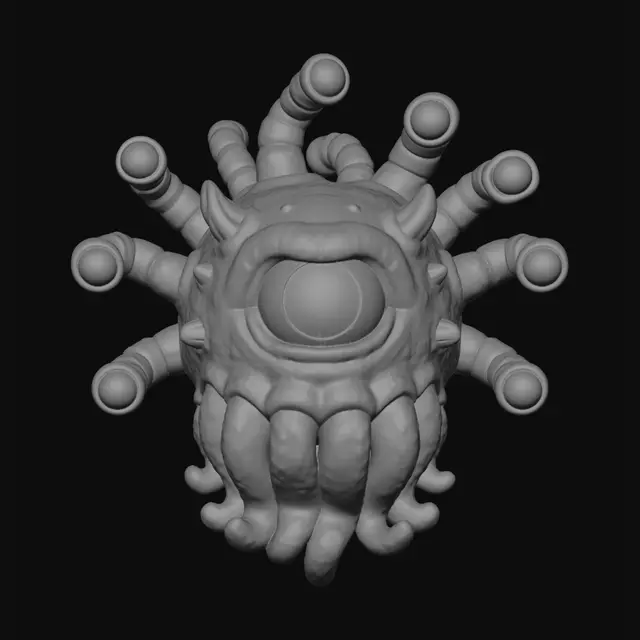 3D model for A 3D image of a Pixar-style beholder from Dungeons & Dragons.   Highly detailed with thick and bold details optimized for 3D printing.  No base.  The background should be a single color with no additional details.