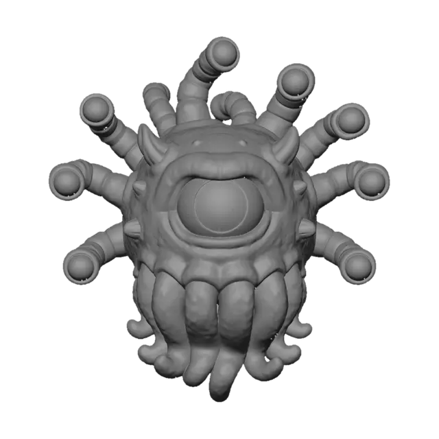 3D model for A 3D image of a Pixar-style beholder from Dungeons & Dragons.   Highly detailed with thick and bold details optimized for 3D printing.  No base.  The background should be a single color with no additional details.