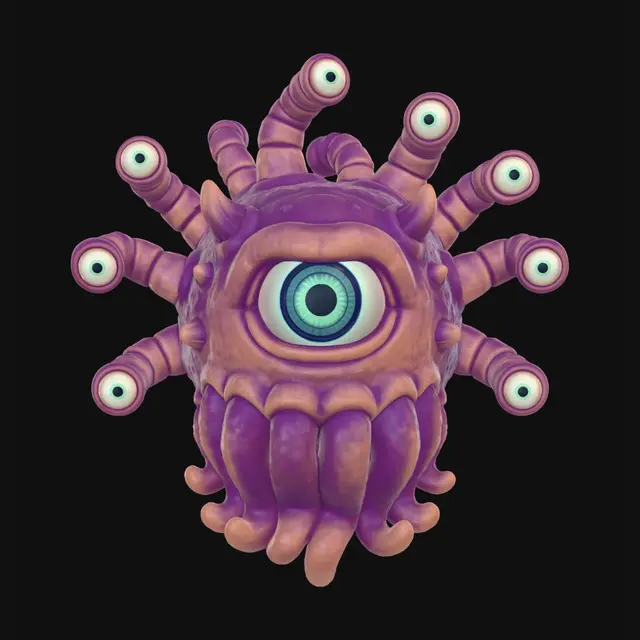 3D model for A 3D image of a Pixar-style beholder from Dungeons & Dragons.   Highly detailed with thick and bold details optimized for 3D printing.  No base.  The background should be a single color with no additional details.