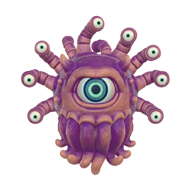 3D model for A 3D image of a Pixar-style beholder from Dungeons & Dragons.   Highly detailed with thick and bold details optimized for 3D printing.  No base.  The background should be a single color with no additional details.