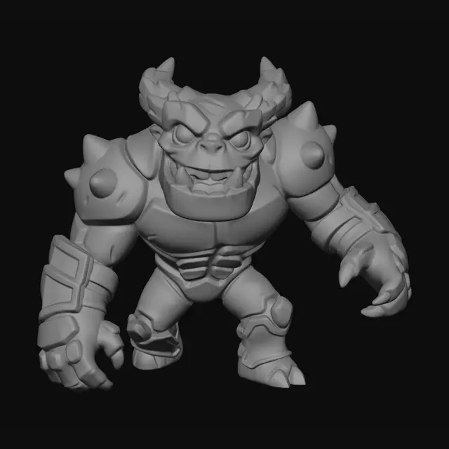 3D model for A 3D image of a Pixar-style full-length Dungeons & Dragons demon in an attack pose. Large eyes and slightly enlarged head.  Thick and bold details optimized for 3D printing. No angles over 40°.  No base.  The background should be a single color with no additional details.