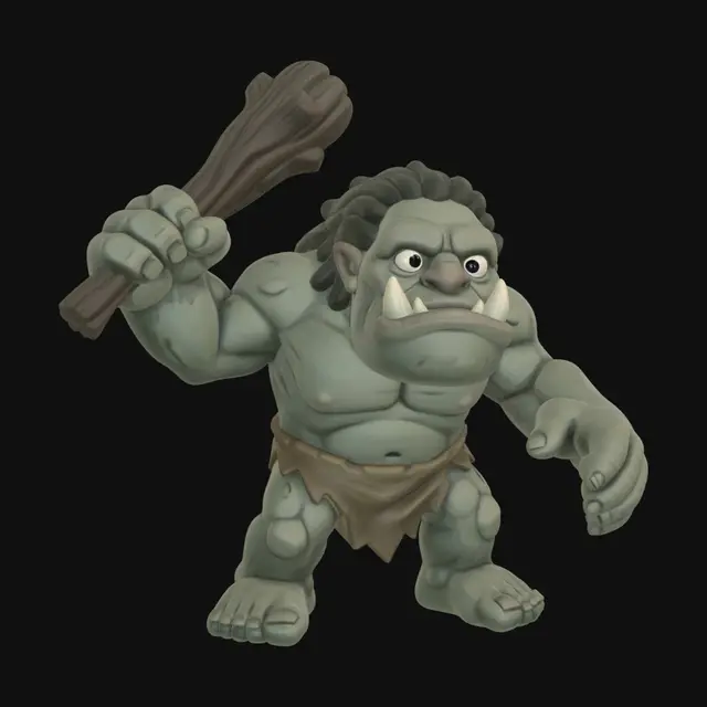 3D model for A 3D image of a Pixar-style full-length Dungeons & Dragons troll in an attack pose. Large eyes and slightly enlarged head.  Thick and bold details optimized for 3D printing. No angles over 40°.  No base.  The background should be a single color with no additional details.