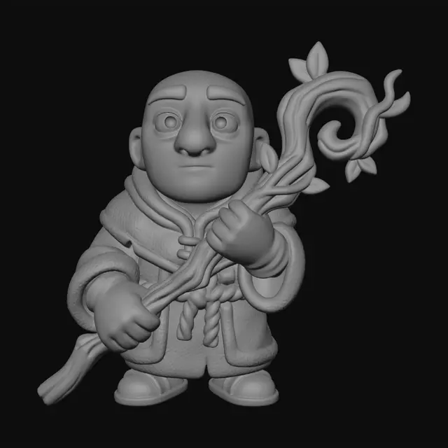 3D model for A 3D image of a Pixar-style full-length Dungeons & Dragons male druid wearing plain robes and holding a gnarled wooden staff. Large eyes and slightly enlarged head.  Thick and bold details optimized for 3D printing. No angles over 40°.  No base.  The background should be a single color with no additional details.