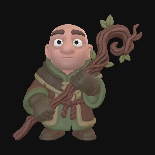3D model for A 3D image of a Pixar-style full-length Dungeons & Dragons male druid wearing plain robes and holding a gnarled wooden staff. Large eyes and slightly enlarged head.  Thick and bold details optimized for 3D printing. No angles over 40°.  No base.  The background should be a single color with no additional details.