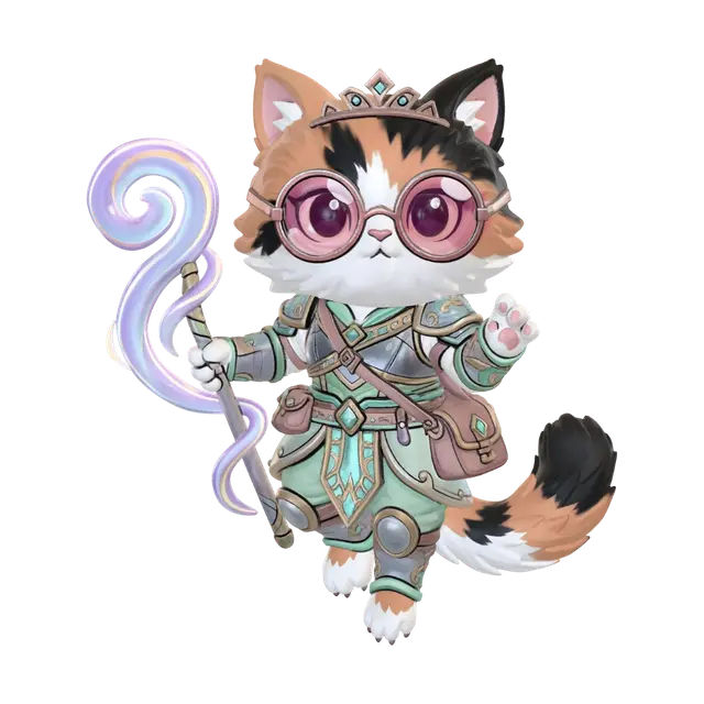 3D model for A 3D image of a chibi-style Dungeons & Dragons tabaxi female adventurer, wearing a oversized round sunglasses and a tiara.  The adventurer has the looks and coloring of a calico Persian cat.  she is holding casting a spell.  Thick and bold details, highly stylized.