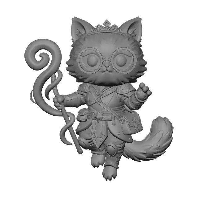 3D model for A 3D image of a chibi-style Dungeons & Dragons tabaxi female adventurer, wearing a oversized round sunglasses and a tiara.  The adventurer has the looks and coloring of a calico Persian cat.  she is holding casting a spell.  Thick and bold details, highly stylized.