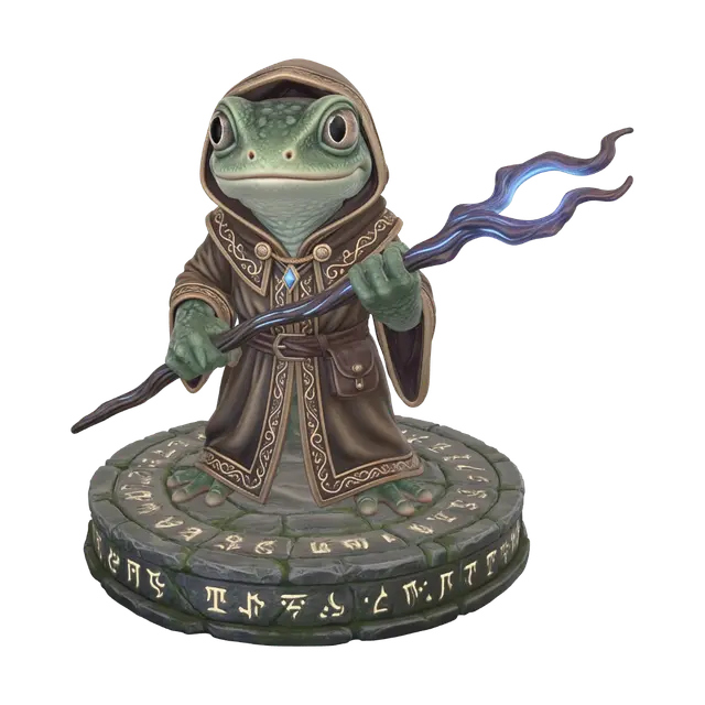 A 3D image of a realistic newt adventurer wearing robes and casting a spell.… - Spellcasting 3D model, vytvořený pomocí AI