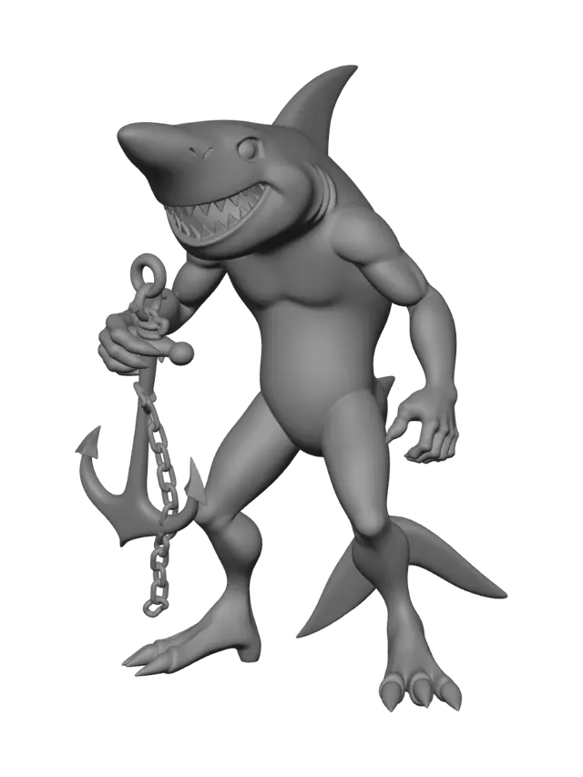 3D model for Humanoid hammerhead shark creature in dynamic warrior pose, white-grey smooth body with bold black zebra stripes as natural skin pattern, distinctive flat T-shaped hammer head as anatomy feature, dark spots and battle scar markings across torso, clawed fin-hands gripping large iron anchor as weapon, golden chain wrapped around waist, streamlined shark fins on arms and back, powerful tail fin legs, floating underwater, deep blue ocean background, bold comic linework, flat cartoon shading, oceanic warrior energy vibe.