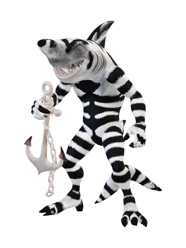 3D model for Humanoid hammerhead shark creature in dynamic warrior pose, white-grey smooth body with bold black zebra stripes as natural skin pattern, distinctive flat T-shaped hammer head as anatomy feature, dark spots and battle scar markings across torso, clawed fin-hands gripping large iron anchor as weapon, golden chain wrapped around waist, streamlined shark fins on arms and back, powerful tail fin legs, floating underwater, deep blue ocean background, bold comic linework, flat cartoon shading, oceanic warrior energy vibe.