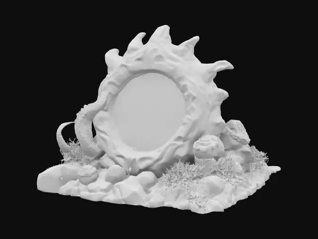 3D model for A dark and mystical clock fit for the sea witch of The Little Mermaid, made of rugged ocean rock. The clock has a rough, jagged stone texture, with tentacle-like carvings wrapping around its frame. resemble sea creature claws, adorned with eerie glowing gemstones. The clock is surrounded by deep-sea elements like seaweed, coral, and eerie bioluminescent plants, creating an ominous underwater atmosphere.