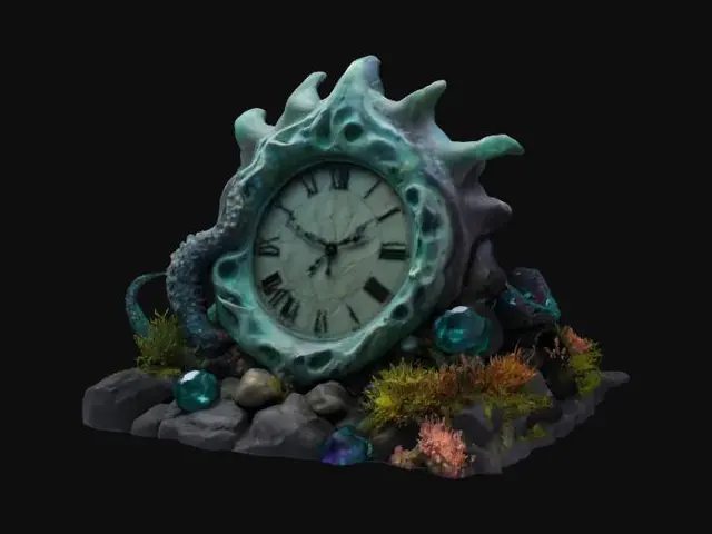 3D model for A dark and mystical clock fit for the sea witch of The Little Mermaid, made of rugged ocean rock. The clock has a rough, jagged stone texture, with tentacle-like carvings wrapping around its frame. resemble sea creature claws, adorned with eerie glowing gemstones. The clock is surrounded by deep-sea elements like seaweed, coral, and eerie bioluminescent plants, creating an ominous underwater atmosphere.