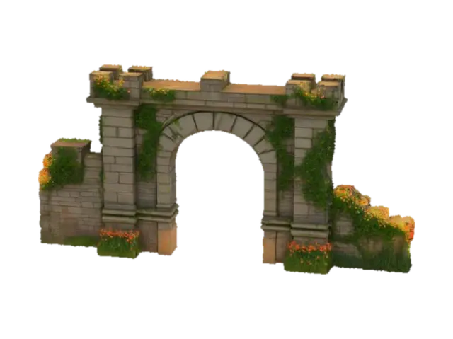 An energetic castle gate overgrown with thorns and flowers, the flowers shining and…-3D-modell, genererad av AI