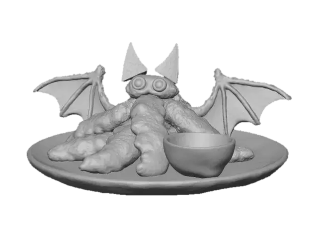 3D model for #Halloween2025#, A "Bat Wing Chicken Strips" Platter: Several large, crispy chicken strips are arranged to form the splayed wings of a flying bat. They are dusted with a dark, smoky paprika blend. Two smaller, triangular pieces of black tortilla chip are attached as "ears," and two glowing green cheese slices are positioned as watchful eyes. A side of blood-red cherry BBQ sauce completes the ghoulish presentation. The texture is crunchy, juicy chicken.