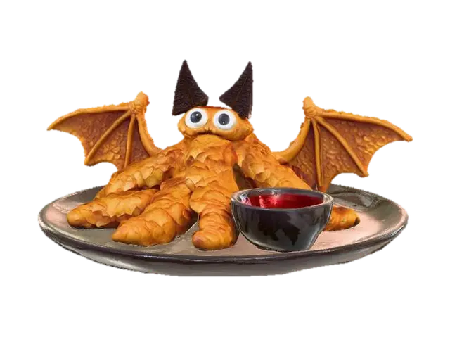 3D model for #Halloween2025#, A "Bat Wing Chicken Strips" Platter: Several large, crispy chicken strips are arranged to form the splayed wings of a flying bat. They are dusted with a dark, smoky paprika blend. Two smaller, triangular pieces of black tortilla chip are attached as "ears," and two glowing green cheese slices are positioned as watchful eyes. A side of blood-red cherry BBQ sauce completes the ghoulish presentation. The texture is crunchy, juicy chicken.