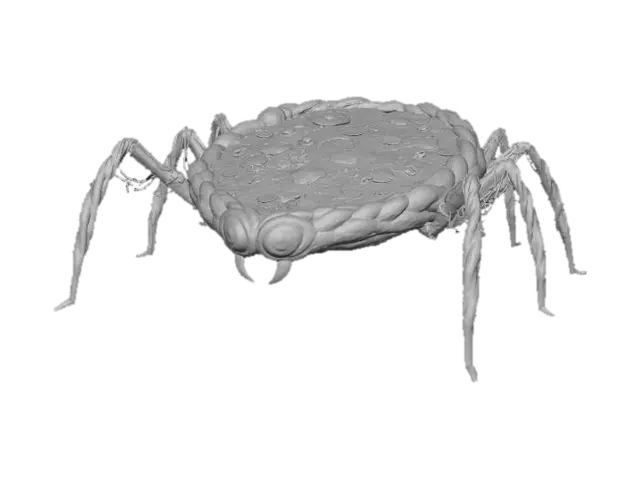 3D model for A "Giant Arachnid Pizza": A large, round pizza forms the bloated body of a monstrous spider. Its crust is dyed deep purple or black. Long, thin breadsticks or stretched cheese strings, also dark-colored, protrude from the sides as eight spindly, articulated legs. Two glowing green olive slices serve as menacing, multi-faceted eyes, and two small, red pepper flakes act as venomous fangs at the front. The texture is soft, cheesy pizza with crisp, brittle legs., #Halloween2025#