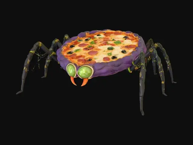 3D model for A "Giant Arachnid Pizza": A large, round pizza forms the bloated body of a monstrous spider. Its crust is dyed deep purple or black. Long, thin breadsticks or stretched cheese strings, also dark-colored, protrude from the sides as eight spindly, articulated legs. Two glowing green olive slices serve as menacing, multi-faceted eyes, and two small, red pepper flakes act as venomous fangs at the front. The texture is soft, cheesy pizza with crisp, brittle legs., #Halloween2025#