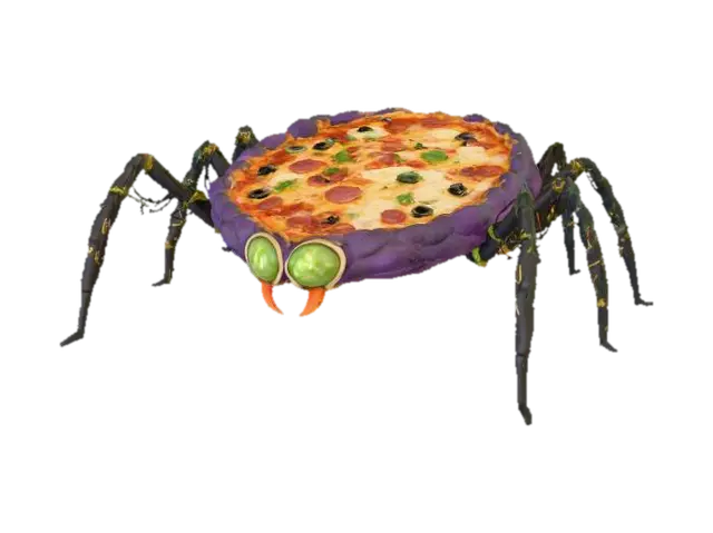 3D model for A "Giant Arachnid Pizza": A large, round pizza forms the bloated body of a monstrous spider. Its crust is dyed deep purple or black. Long, thin breadsticks or stretched cheese strings, also dark-colored, protrude from the sides as eight spindly, articulated legs. Two glowing green olive slices serve as menacing, multi-faceted eyes, and two small, red pepper flakes act as venomous fangs at the front. The texture is soft, cheesy pizza with crisp, brittle legs., #Halloween2025#