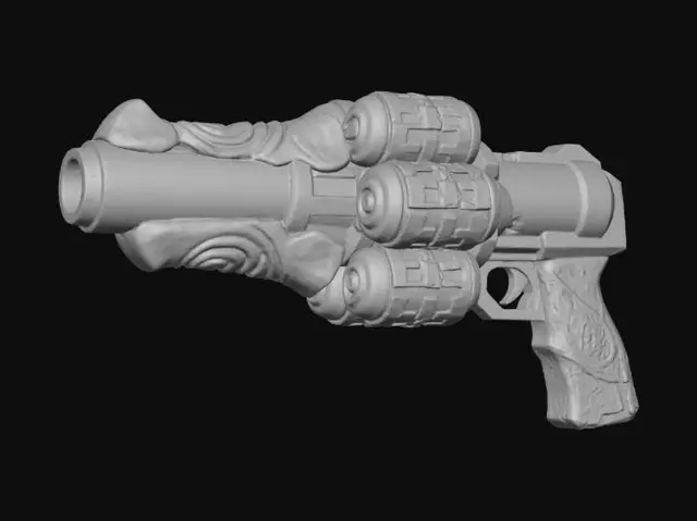 3D model for A **modular sonic weapon**, its primary barrel a fusion of **weathered, sand-blasted titanium** and a **carved alien bone-like material**. **Heavy, dark bronze resonance chambers** are adorned with **iridescent, salvaged circuit board fragments** that glow with **faded teal and burnt orange light**. The grip, made of **rough-hewn petrified wood**, feels primal, contrasting with the weapon's **complex internal plasma array** that hums with **desaturated fuchsia energy**. This **Wabi-sabi Cyberpunk arm** carries an ancient echo in its devastating modern power.