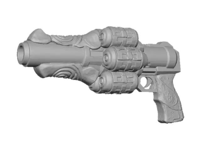 3D model for A **modular sonic weapon**, its primary barrel a fusion of **weathered, sand-blasted titanium** and a **carved alien bone-like material**. **Heavy, dark bronze resonance chambers** are adorned with **iridescent, salvaged circuit board fragments** that glow with **faded teal and burnt orange light**. The grip, made of **rough-hewn petrified wood**, feels primal, contrasting with the weapon's **complex internal plasma array** that hums with **desaturated fuchsia energy**. This **Wabi-sabi Cyberpunk arm** carries an ancient echo in its devastating modern power.