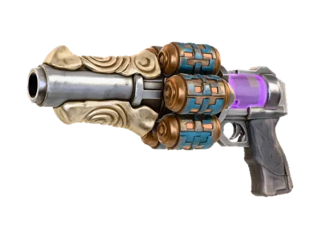 3D model for A **modular sonic weapon**, its primary barrel a fusion of **weathered, sand-blasted titanium** and a **carved alien bone-like material**. **Heavy, dark bronze resonance chambers** are adorned with **iridescent, salvaged circuit board fragments** that glow with **faded teal and burnt orange light**. The grip, made of **rough-hewn petrified wood**, feels primal, contrasting with the weapon's **complex internal plasma array** that hums with **desaturated fuchsia energy**. This **Wabi-sabi Cyberpunk arm** carries an ancient echo in its devastating modern power.