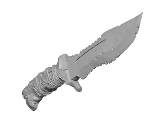 3D model for A **robust combat knife**, its blade crafted from **dark, salvaged metal** with a serrated edge. The hilt is an ergonomic fusion of **bone-colored composite** and **heavy, exposed iron plating**, resembling an organic grip. **Faded crimson and desaturated olive accents** adorn the grip, alongside **tribal etchings**. This **Wabi-sabi Cyberpunk weapon** is a relic of utility and ritual, with a strong **humanistic narrative** in its multi-hued, low-saturation palette.