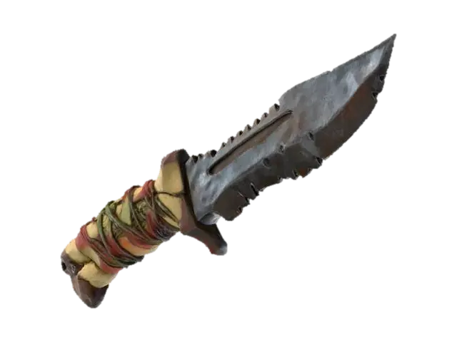 3D model for A **robust combat knife**, its blade crafted from **dark, salvaged metal** with a serrated edge. The hilt is an ergonomic fusion of **bone-colored composite** and **heavy, exposed iron plating**, resembling an organic grip. **Faded crimson and desaturated olive accents** adorn the grip, alongside **tribal etchings**. This **Wabi-sabi Cyberpunk weapon** is a relic of utility and ritual, with a strong **humanistic narrative** in its multi-hued, low-saturation palette.