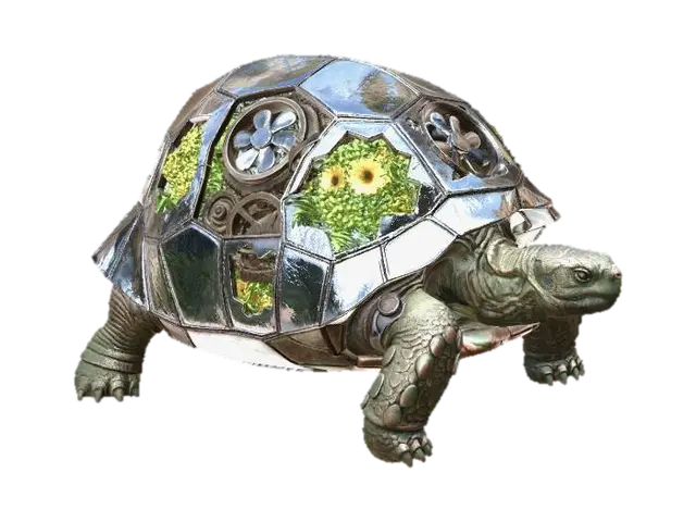 A Giant Tortoise with a shell made of geometric, mirrored glass panels. Several… 3D model, vytvořený pomocí AI