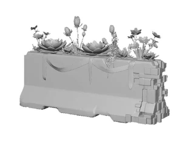 3D model for A desolate, concrete traffic barrier, scarred with faded graffiti and dissolving into chunks of vibrant, glitching pixels. Adorning its top is a defiant botanical display: robust, artificial succulents with glowing edges, real thorny thistles, and clusters of bright yellow synthetic flowers with integrated LEDs. Thick, frayed warning tapes drape amidst the flora, creating a stark visual of urban decay, digital life, and resilient plants.