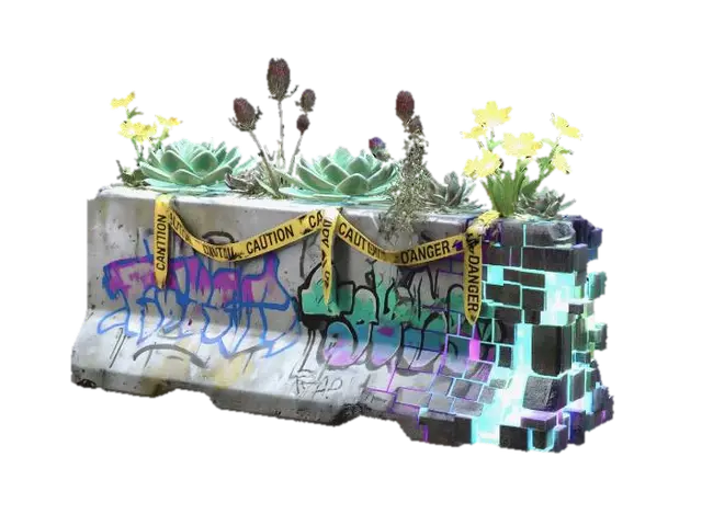 3D model for A desolate, concrete traffic barrier, scarred with faded graffiti and dissolving into chunks of vibrant, glitching pixels. Adorning its top is a defiant botanical display: robust, artificial succulents with glowing edges, real thorny thistles, and clusters of bright yellow synthetic flowers with integrated LEDs. Thick, frayed warning tapes drape amidst the flora, creating a stark visual of urban decay, digital life, and resilient plants.