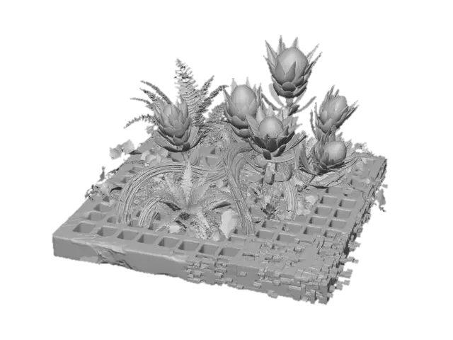 3D model for An urban jungle installation, built upon a heavy, cast-iron grate that glitches into a digital mosaic. Lush, real green ferns and ivy intertwine with thick bundles of multicolored fiber optic cables. Scattered among them are artificial, spiky protea flowers made from recycled plastic, with centers that softly pulse with light. This creates a texture mix of rough metal, soft foliage, and rigid, glowing plastic.