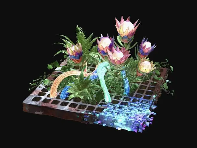 3D model for An urban jungle installation, built upon a heavy, cast-iron grate that glitches into a digital mosaic. Lush, real green ferns and ivy intertwine with thick bundles of multicolored fiber optic cables. Scattered among them are artificial, spiky protea flowers made from recycled plastic, with centers that softly pulse with light. This creates a texture mix of rough metal, soft foliage, and rigid, glowing plastic.