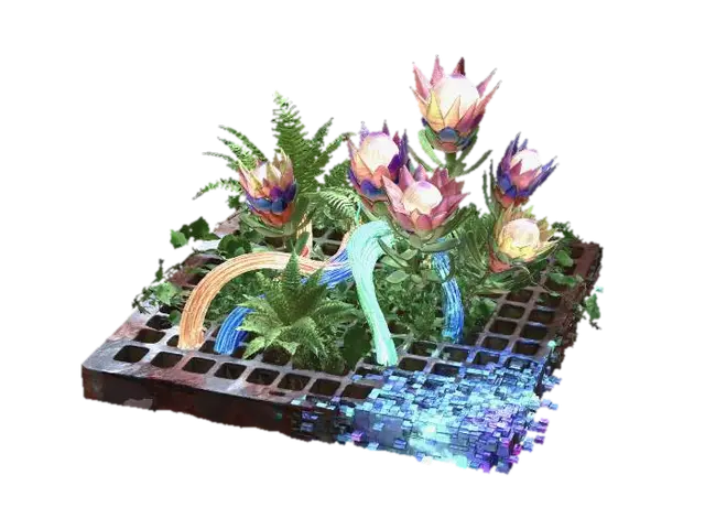 3D model for An urban jungle installation, built upon a heavy, cast-iron grate that glitches into a digital mosaic. Lush, real green ferns and ivy intertwine with thick bundles of multicolored fiber optic cables. Scattered among them are artificial, spiky protea flowers made from recycled plastic, with centers that softly pulse with light. This creates a texture mix of rough metal, soft foliage, and rigid, glowing plastic.