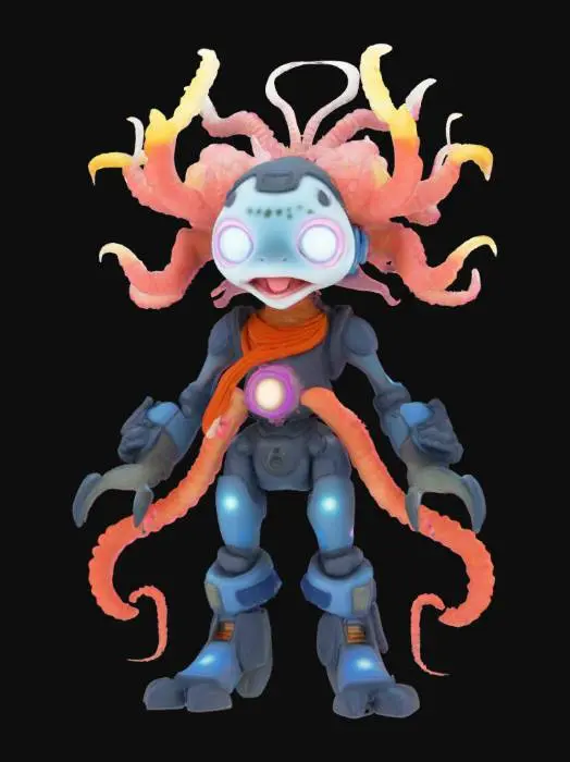 3D model for anthropomorphic bioluminescent coral Medusa, high-tech gear intricate mechanical components and tubing, fun and mischievous,, #game figure#