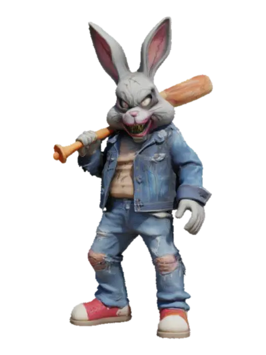 Monsteres, deranged and psycho Easter rabbit, boss of a street gang, Ripped Denim… - Gangster 3D model, vytvořený pomocí AI