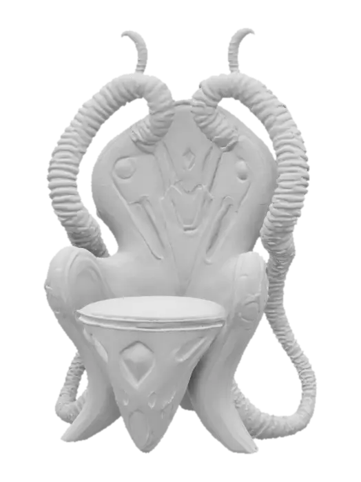 3D model for a futuristic chair inspired by Ghost in the Shell and Medusa, exaggerated features such as spiraled tentacles horns, sharp angles, fierce and otherworldly, pale alien-like bio-skin, glowing neon green highlights certain areas, bioluminescence, sci-fi, cyberpunk, intricate markings and symbols, ceremonial or technological deco, high-tech or fantasy-inspired gear, possibly tied to a futuristic or mystical theme. 