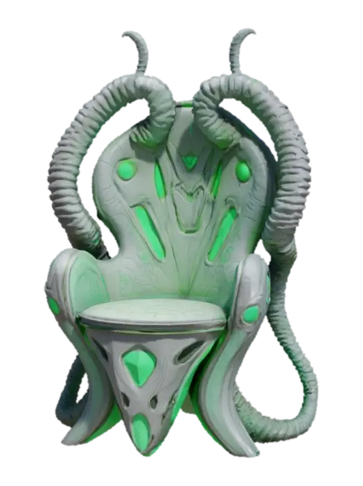 3D model for a futuristic chair inspired by Ghost in the Shell and Medusa, exaggerated features such as spiraled tentacles horns, sharp angles, fierce and otherworldly, pale alien-like bio-skin, glowing neon green highlights certain areas, bioluminescence, sci-fi, cyberpunk, intricate markings and symbols, ceremonial or technological deco, high-tech or fantasy-inspired gear, possibly tied to a futuristic or mystical theme. 