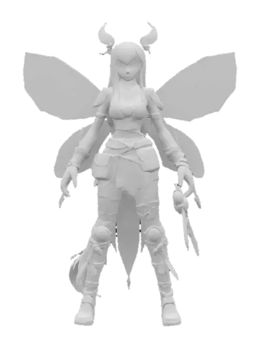 3D model for a teen female faerie. she has pale blue moth wings. she has long straight black hair. her bangs coves one eye and side of her face. she wears leather armor with straps and tools for holding steampunk machine tools. she wears heavy buckled boots. the background is a fantasy workshop. full body view full body. fantasy drawing style., #fairy#