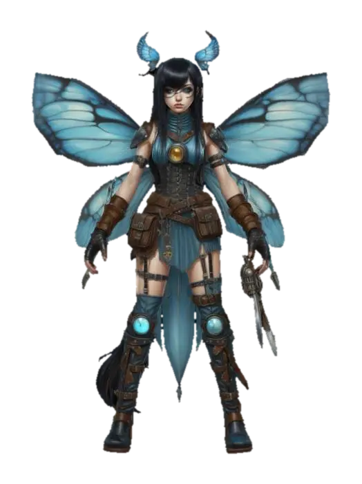 3D model for a teen female faerie. she has pale blue moth wings. she has long straight black hair. her bangs coves one eye and side of her face. she wears leather armor with straps and tools for holding steampunk machine tools. she wears heavy buckled boots. the background is a fantasy workshop. full body view full body. fantasy drawing style., #fairy#