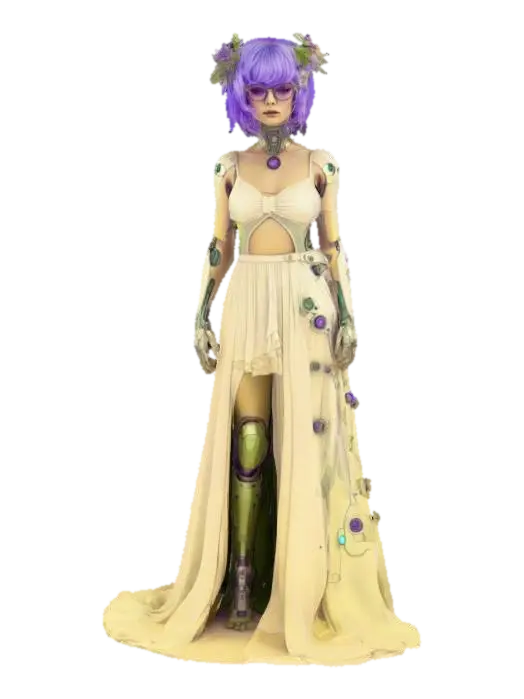 3D model for Alfons Mucha style illustration of a robotic android Goddess of nature full body PURPLE HAIRED GLASSES BEAUTY!, #fairy#