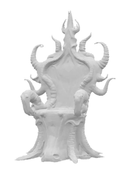 3D model for a futuristic chair inspired by Ghost in the Shell and Medusa, exaggerated features such as spiraled tentacles horns, sharp angles, fierce and otherworldly, flesh-toned mix ashen bio-skin, glowing neon green highlights certain areas, bioluminescence, sci-fi, cyberpunk, intricate markings and symbols, ceremonial or technological deco, high-tech or fantasy-inspired gear, futuristic or mystical theme