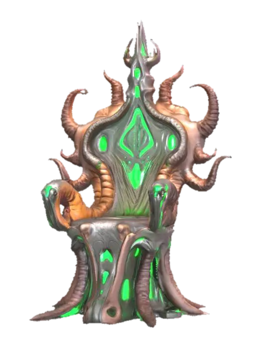 3D model for a futuristic chair inspired by Ghost in the Shell and Medusa, exaggerated features such as spiraled tentacles horns, sharp angles, fierce and otherworldly, flesh-toned mix ashen bio-skin, glowing neon green highlights certain areas, bioluminescence, sci-fi, cyberpunk, intricate markings and symbols, ceremonial or technological deco, high-tech or fantasy-inspired gear, futuristic or mystical theme