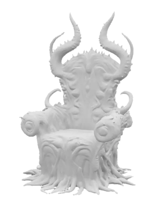 3D model for a futuristic chair inspired by Ghost in the Shell and Medusa, exaggerated features such as spiraled tentacles horns, sharp angles, fierce and otherworldly, pale alien-like bio-skin, glowing neon green highlights certain areas, bioluminescence, sci-fi, cyberpunk, intricate markings and symbols, ceremonial or technological deco, high-tech or fantasy-inspired gear, possibly tied to a futuristic or mystical theme. 