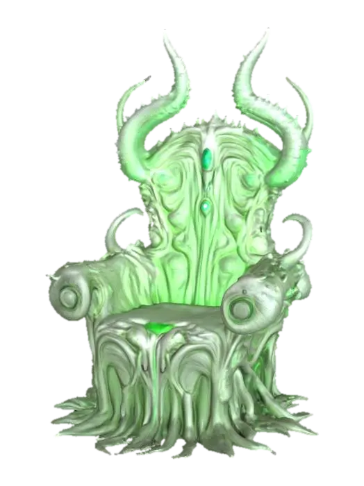 3D model for a futuristic chair inspired by Ghost in the Shell and Medusa, exaggerated features such as spiraled tentacles horns, sharp angles, fierce and otherworldly, pale alien-like bio-skin, glowing neon green highlights certain areas, bioluminescence, sci-fi, cyberpunk, intricate markings and symbols, ceremonial or technological deco, high-tech or fantasy-inspired gear, possibly tied to a futuristic or mystical theme. 