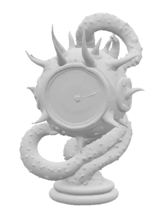 3D model for a futuristic clock inspired by Ghost in the Shell and Medusa, exaggerated features such as spiraled tentacles horns, sharp angles, fierce and otherworldly, flesh-toned mix ashen bio-skin, glowing neon green highlights certain areas, bioluminescence, sci-fi, cyberpunk, intricate markings and symbols, ceremonial or technological deco, high-tech or fantasy-inspired gear, futuristic or mystical theme